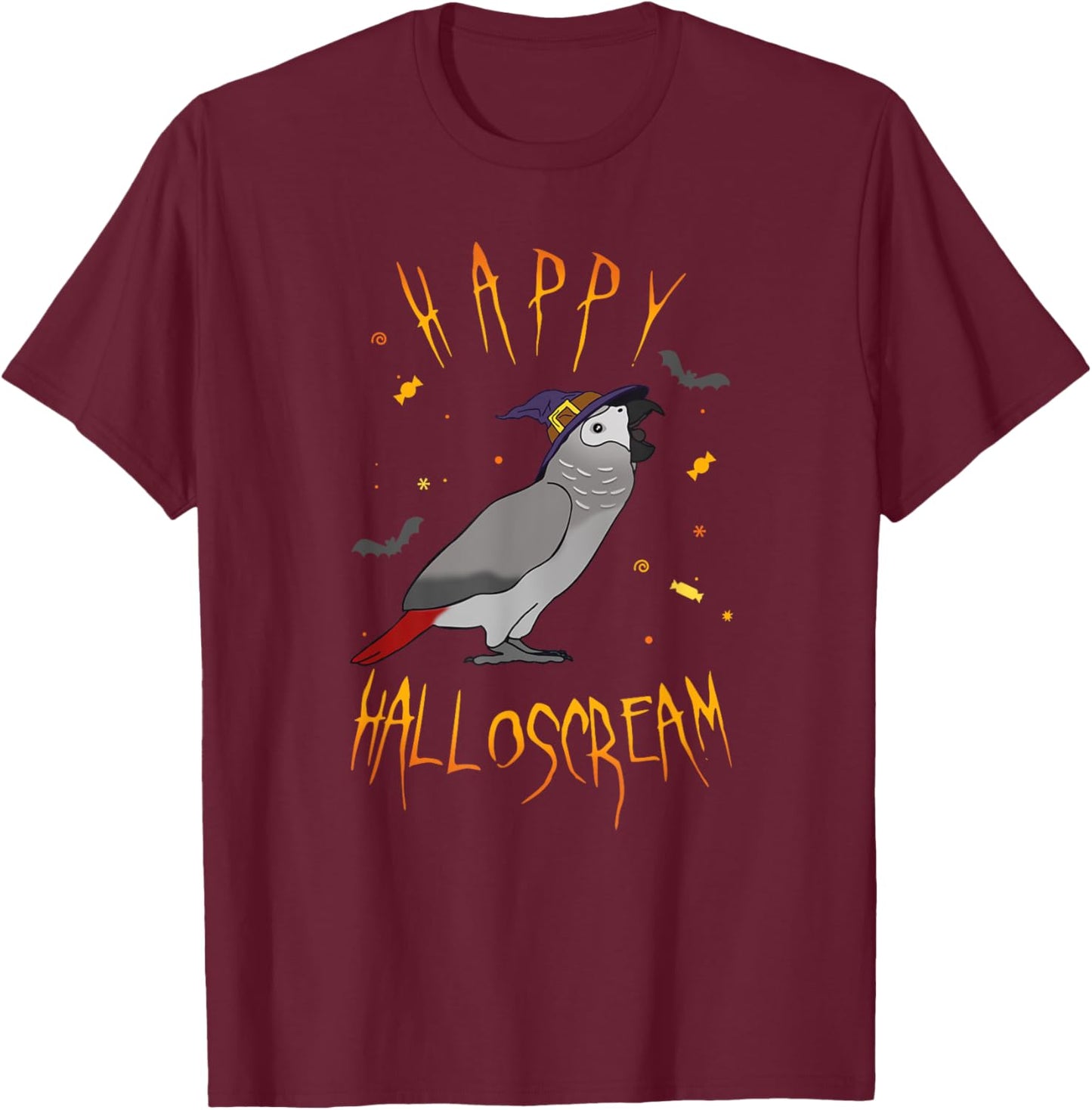 Happy Halloscream African Grey Parrot Witch Hat Birb memes T-Shirt - T-Shirt | Maroon