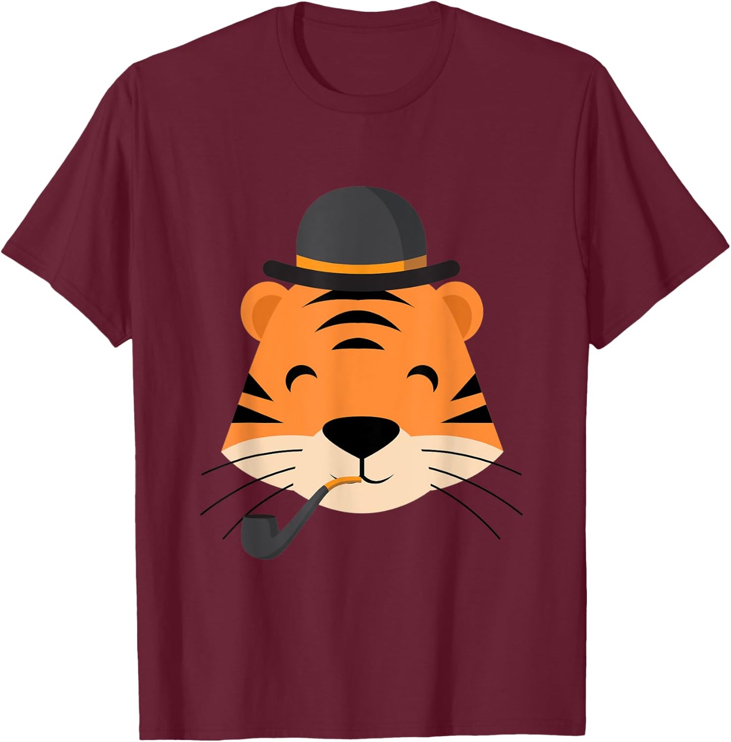 Tiger With Smoking Pipe And Hat Funny Cartoon T-Shirt - T-Shirt | Maroon