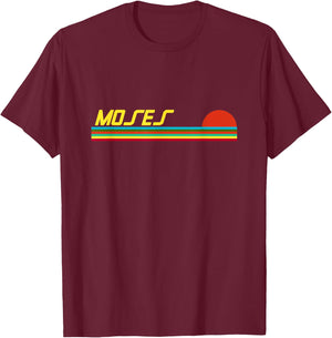 Moses First Name Logo Retro Sunset Surfer Style Moses T-Shirt - T-Shirt | Maroon