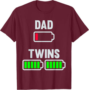 Tired Dad Low Battery Twins Full Charge Funny Daddy Gifts T-Shirt - T-Shirt | Maroon