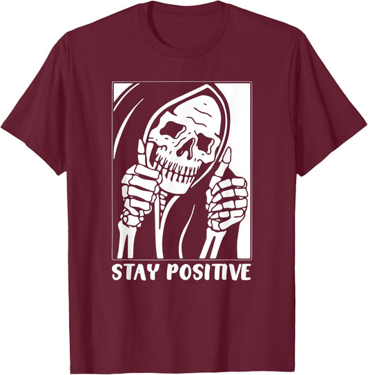 Death Stay Positive Skeleton Thumbs Up. White Graphic T-Shirt - T-Shirt | Maroon