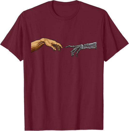 Michelangelo Creation Of Adam Hands Cyborg Robotics Funny AI T-Shirt - T-Shirt | Maroon