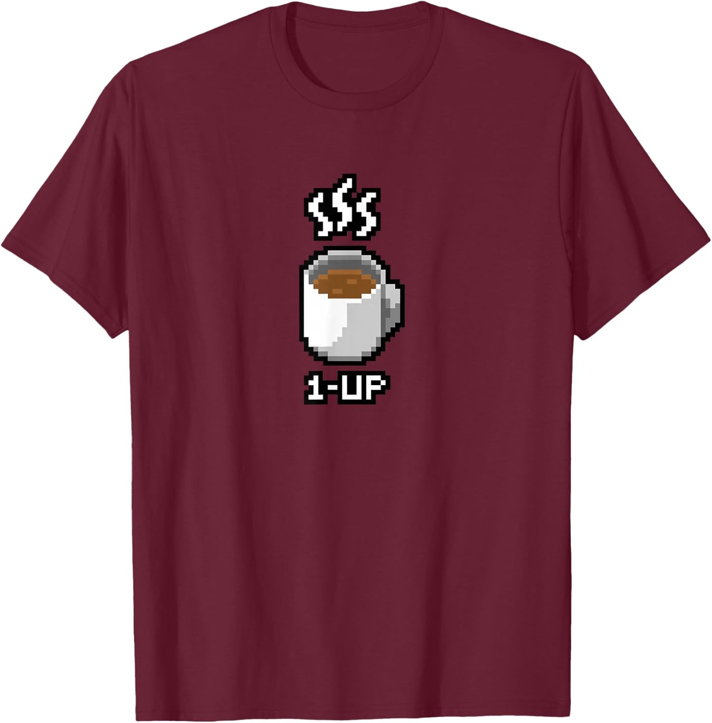 1-Up Coffee Funny 8-Bit Pixel Vintage One Up Graphic T-Shirt - T-Shirt | Maroon