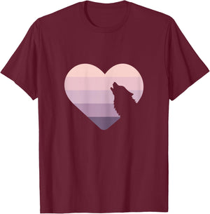 Wolf Lovers Cute Heart Howling Wolf Purple Pink Retro Moon T-Shirt - T-Shirt | Maroon