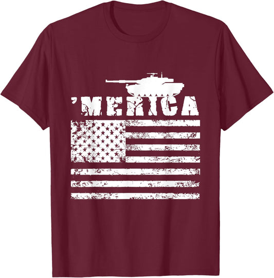 America Battle Tank Army American Flag Military Vehicle Men T-Shirt - T-Shirt | Maroon