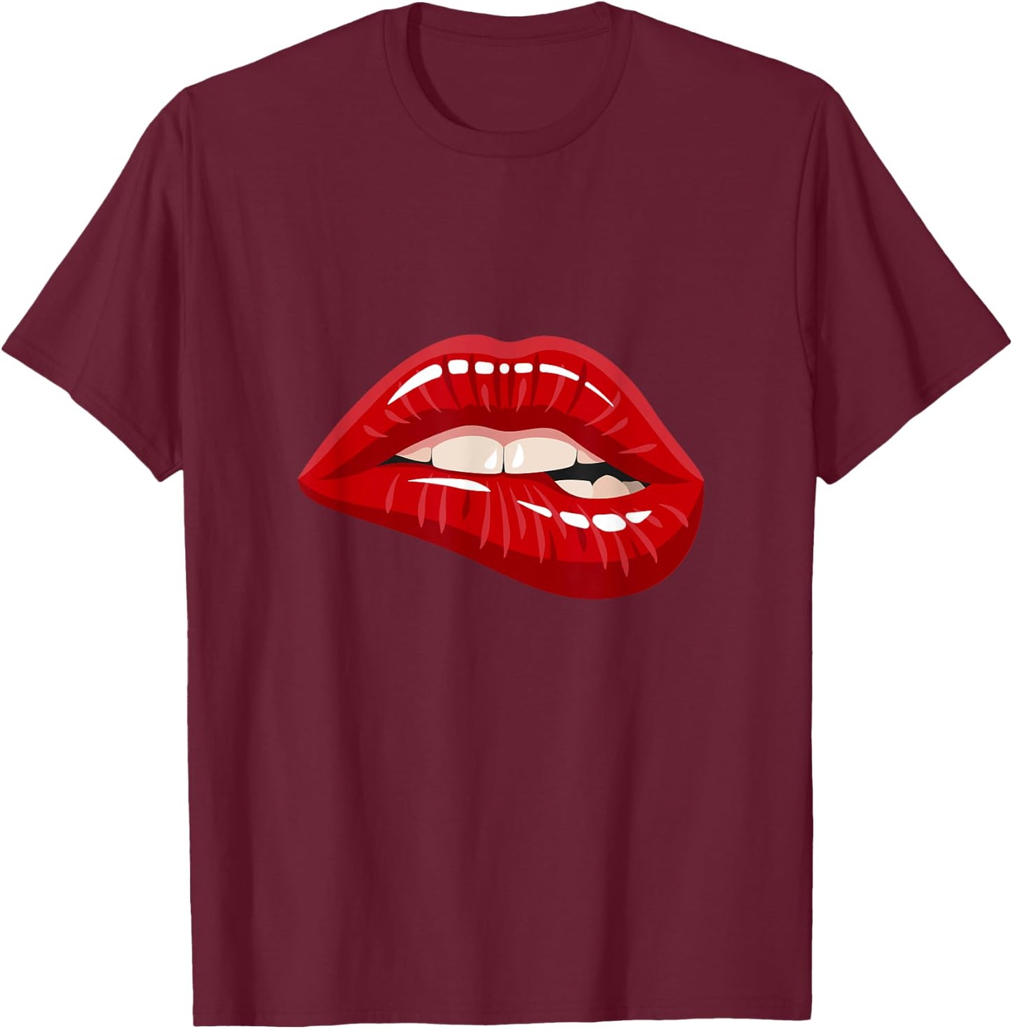 Men's Women's Graphic - Red Biting Lips Short Sleeve T-Shirt - T-Shirt | Maroon