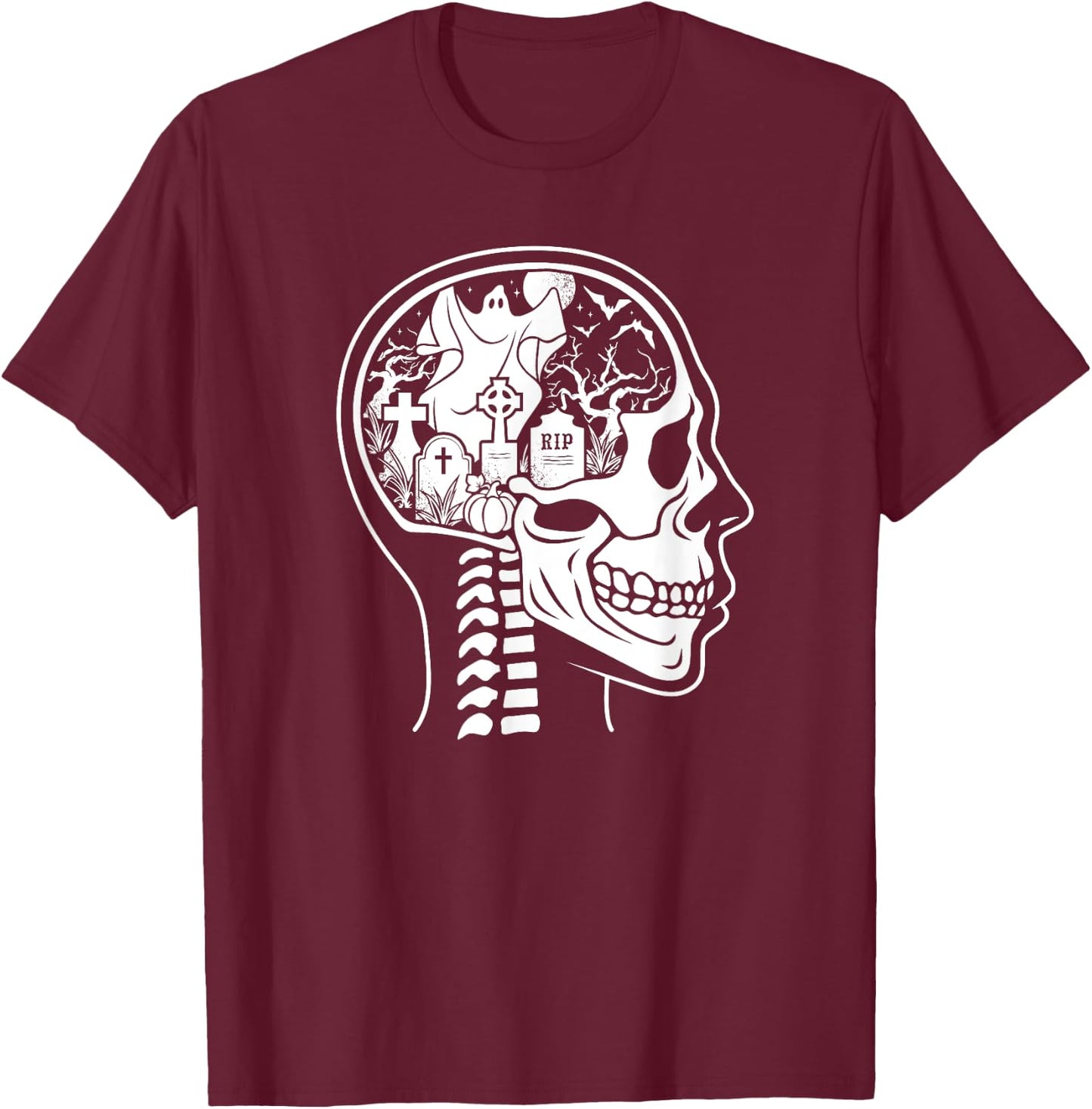 Thinking About Halloween All The Time Ghost Graveyard Skull T-Shirt - T-Shirt | Maroon