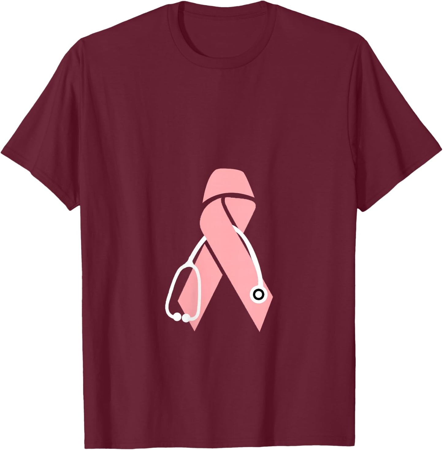Breast Cancer Awareness Scrub Top Stethoscope Pink Ribbon V-Neck T-Shirt - T-Shirt | Maroon