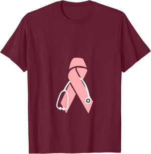 Breast Cancer Awareness Scrub Top Stethoscope Pink Ribbon V-Neck T-Shirt - T-Shirt | Maroon