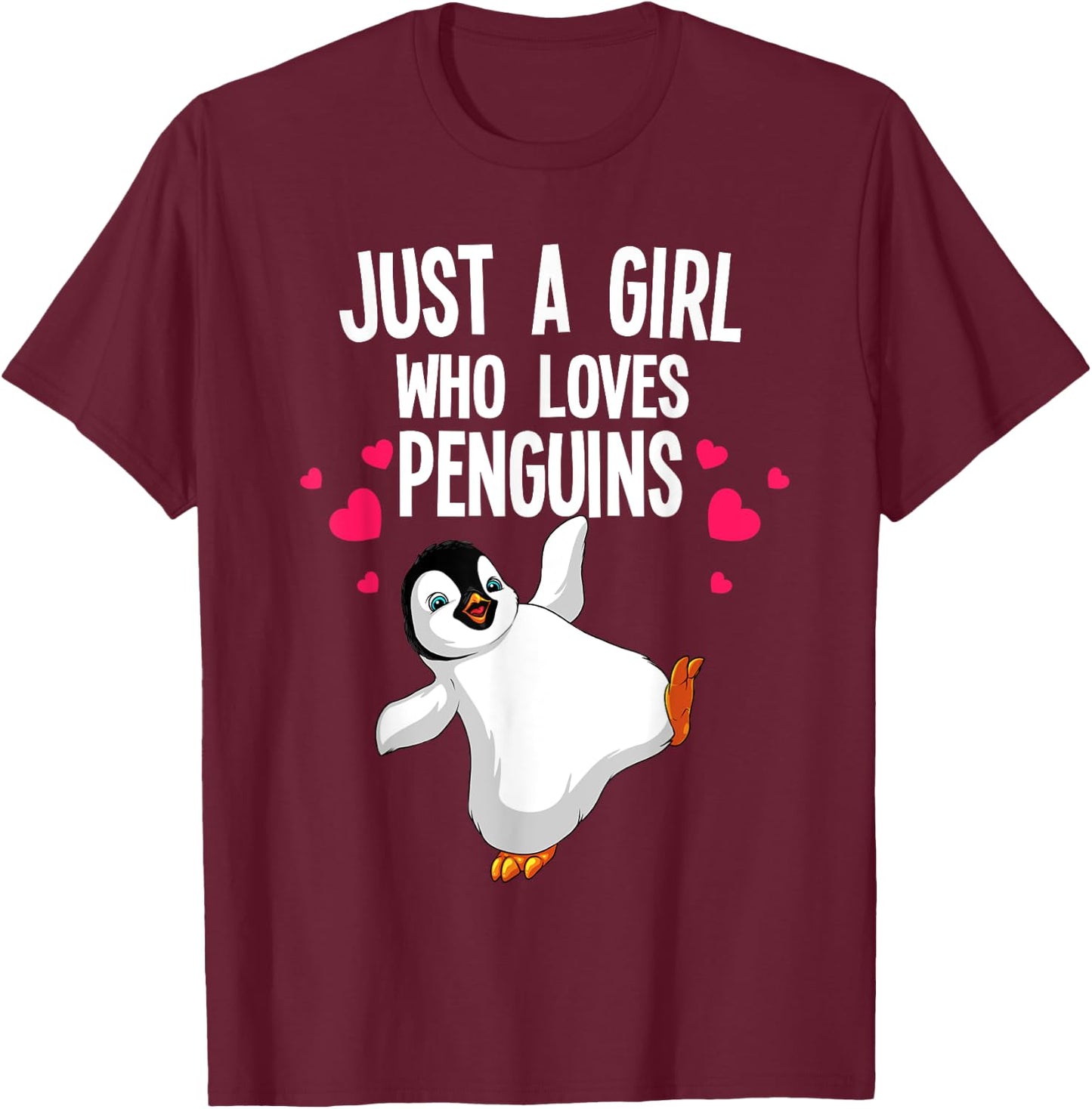 Funny Penguin Design Girls Kids Aquatic Bird Lover T-Shirt - T-Shirt | Maroon