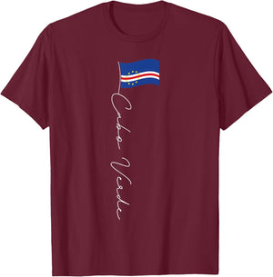 Family Heritage Gifts Cabo Verde Signature Flag Pole Patriotic Cape Verdean Flag T-Shirt - T-Shirt | Maroon