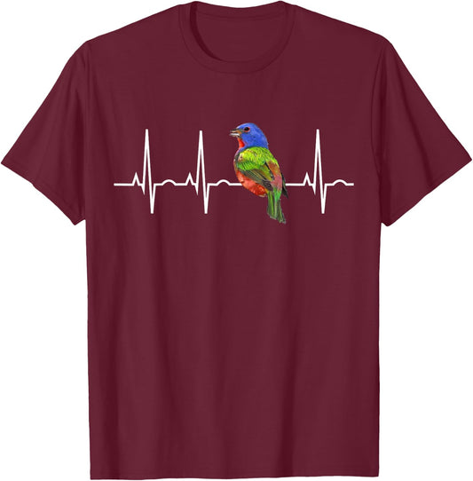 Painted Bunting Shirt Birder & Bird Lover Heartbeat Gift T-Shirt - T-Shirt | Maroon
