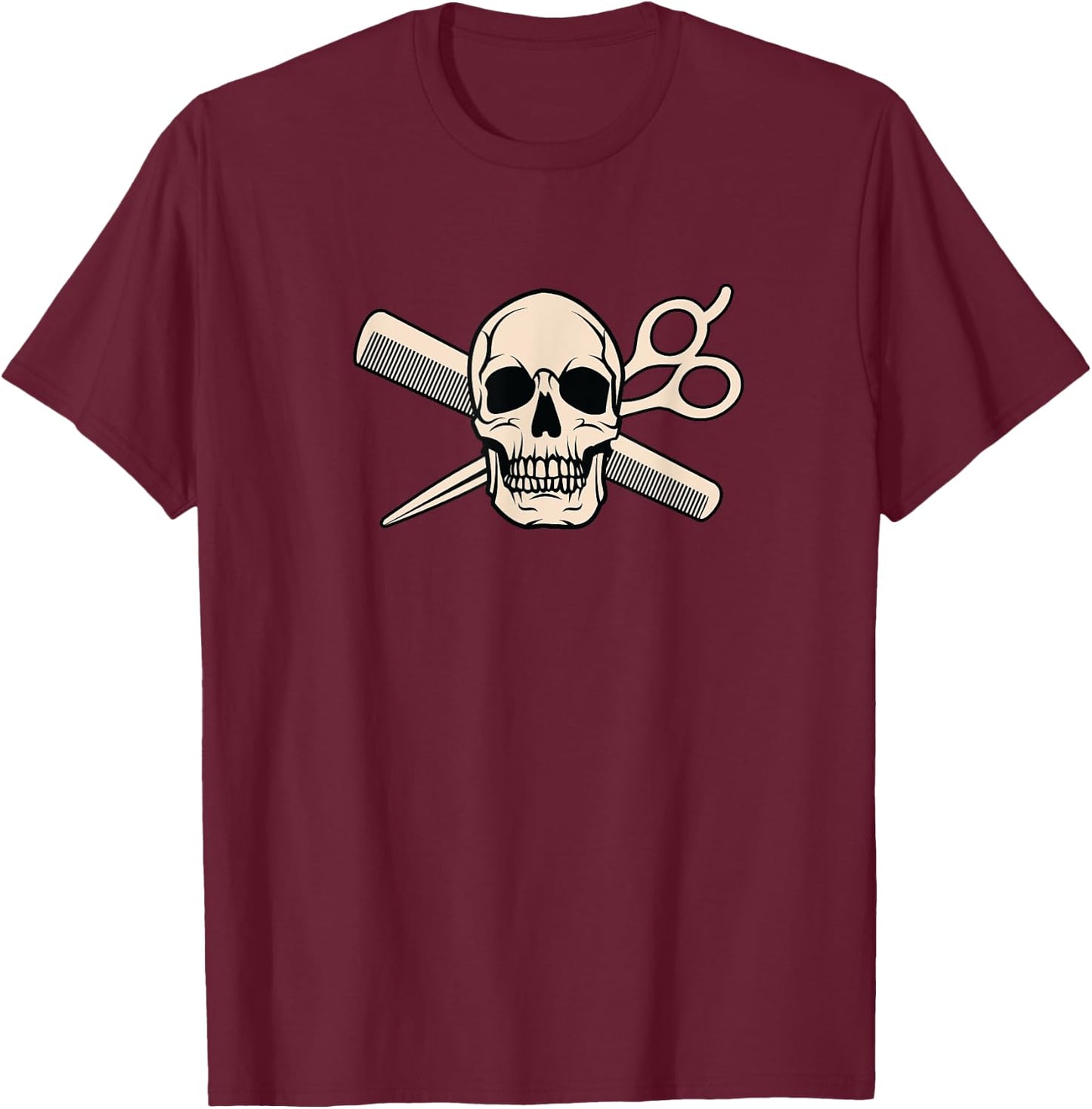 Skull, Scissors & Comb - Barber Graphic T-Shirt - T-Shirt | Maroon
