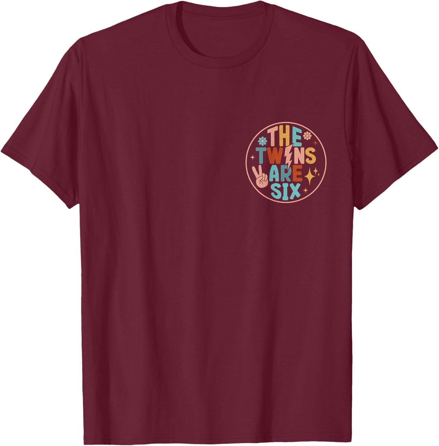 (2 SIDED) Twins 6th Birthday Party Groovy 6 Year Old Twin T-Shirt - T-Shirt | Maroon