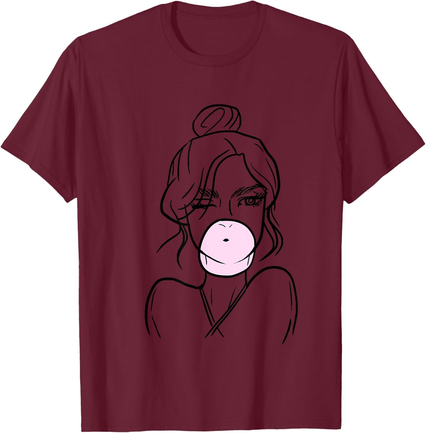 Bubblegum Girl Outline Cute Minimal Art Design Teens Gift T-Shirt - T-Shirt | Maroon