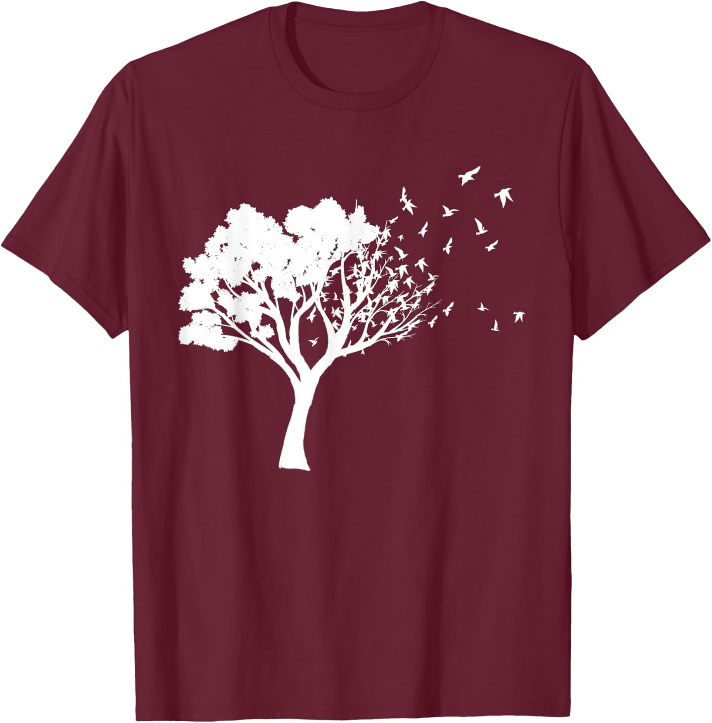 White Tree And Birds Flying Away Free In Nature Silhouette T-Shirt - T-Shirt | Maroon