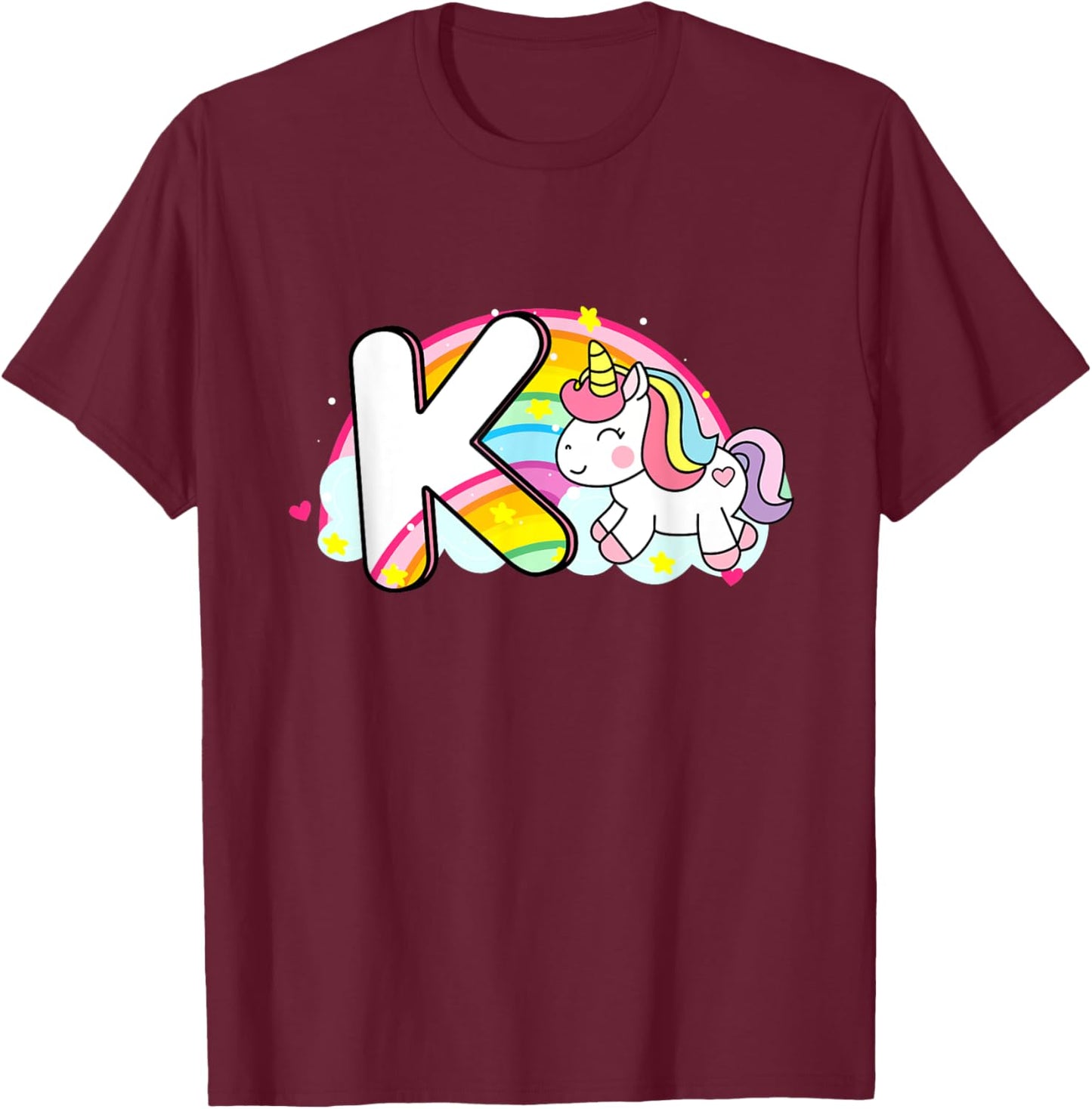 Cute Unicorn Rainbow Caricature Initial K Mo T-Shirt - T-Shirt | Maroon