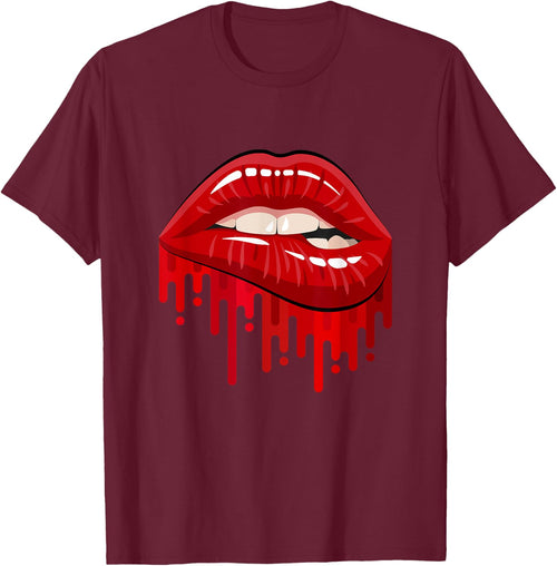 Cool Men's Women's Bold Red Biting Lips Graphic Short Sleeve