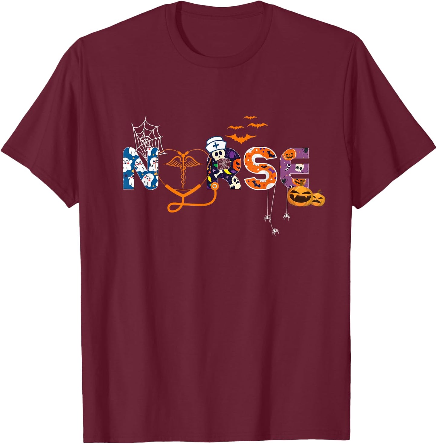 Nursing Halloween Cute Health Worker Halloween Pattern T-Shirt - T-Shirt | Maroon