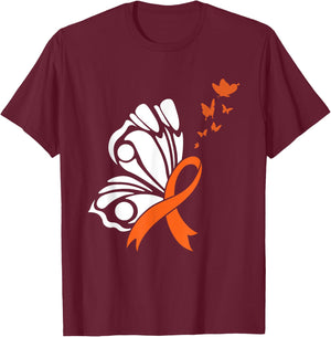 Butterfly Blood Cancer Awareness Leukemia Orange Ribbon Hope T-Shirt - T-Shirt | Maroon