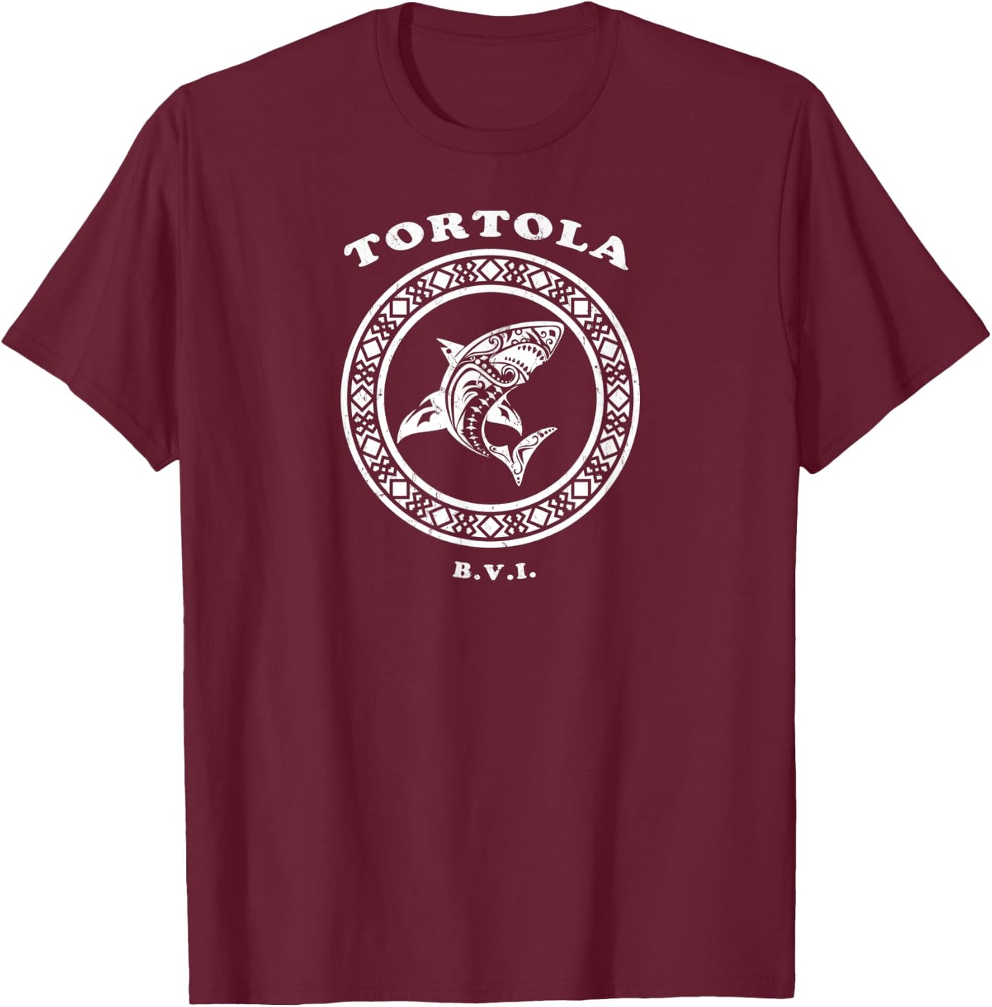 Tortola, BVI Vintage Retro Tribal Shark Vacation T-Shirt - T-Shirt | Maroon