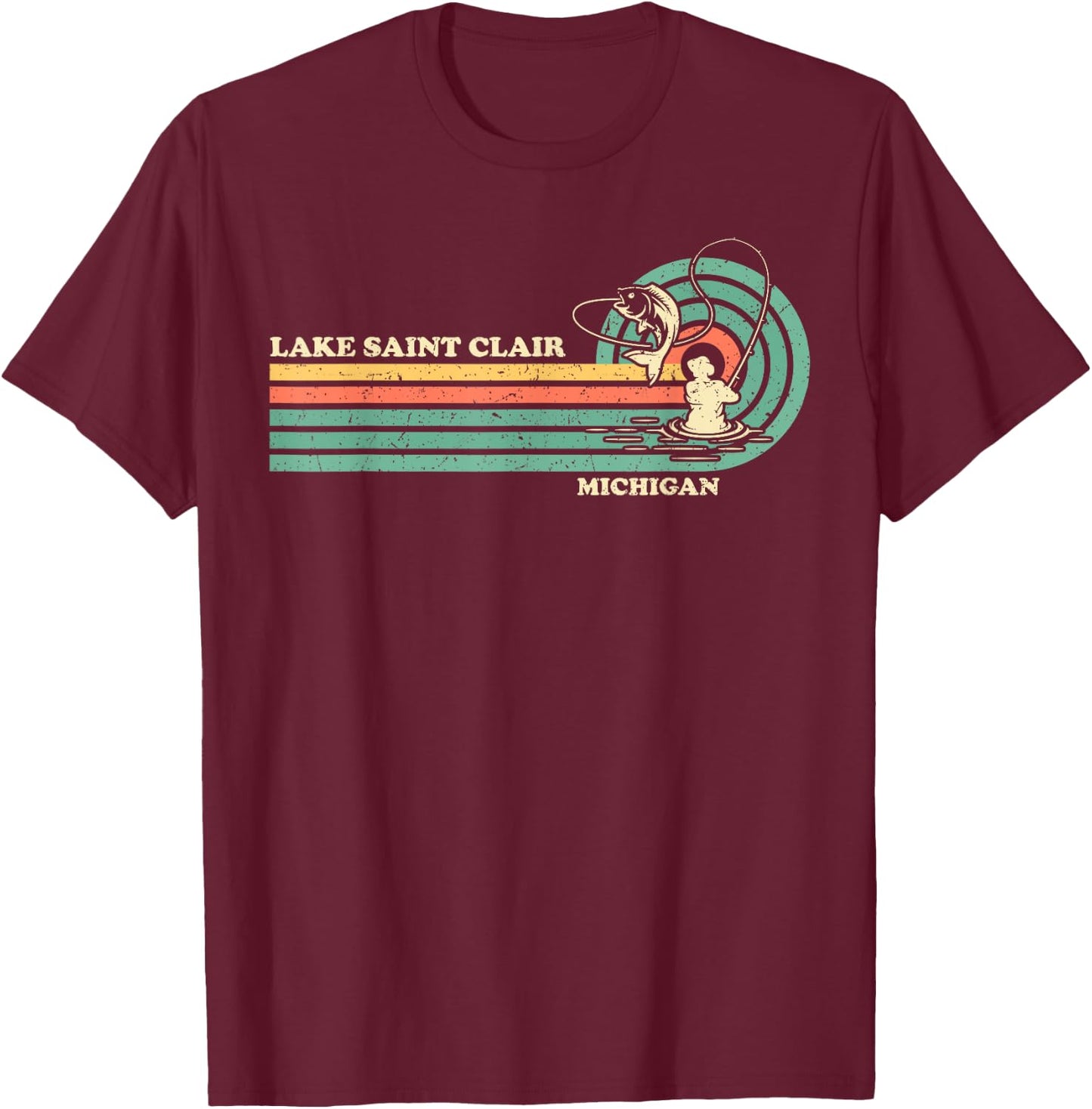 Vintage Retro Summer Fishing Michigan Saint Clair Lake T-Shirt - T-Shirt | Maroon
