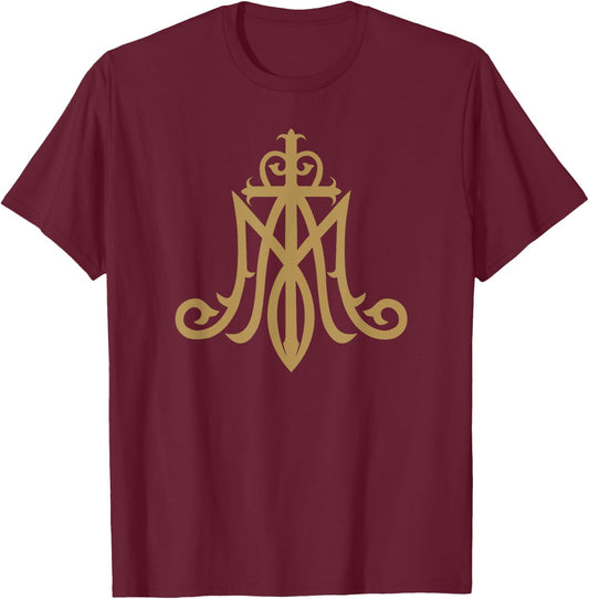 Virgin Mary Insignia Ave Maria Monogram Catholic T-Shirt - T-Shirt | Maroon