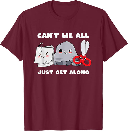 Can't We All Just Get Along Cute Rock Paper Scissors T-Shirt - T-Shirt | Maroon