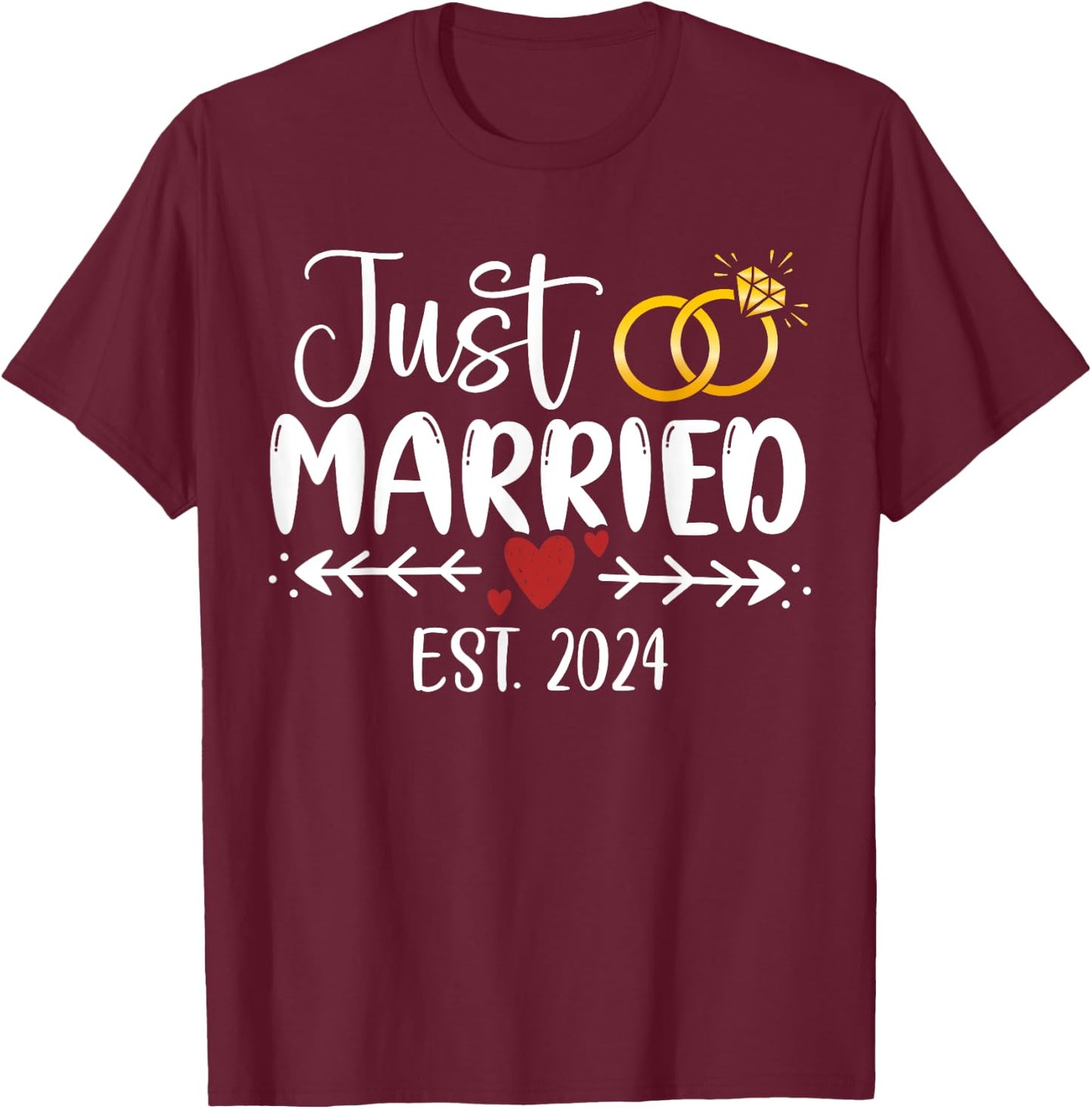 Just Married 2024 Couple Newlywed Bride And Groom Wedding T-Shirt - T-Shirt | Maroon