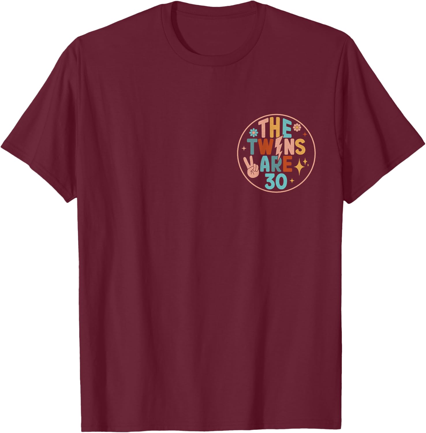 (2 SIDED) Twins 30th Birthday Party Groovy 30 Year Old Twin T-Shirt - T-Shirt | Maroon