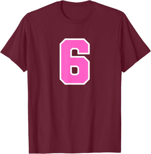 Pink Sports Team Number #6 T-Shirt - T-Shirt | Maroon