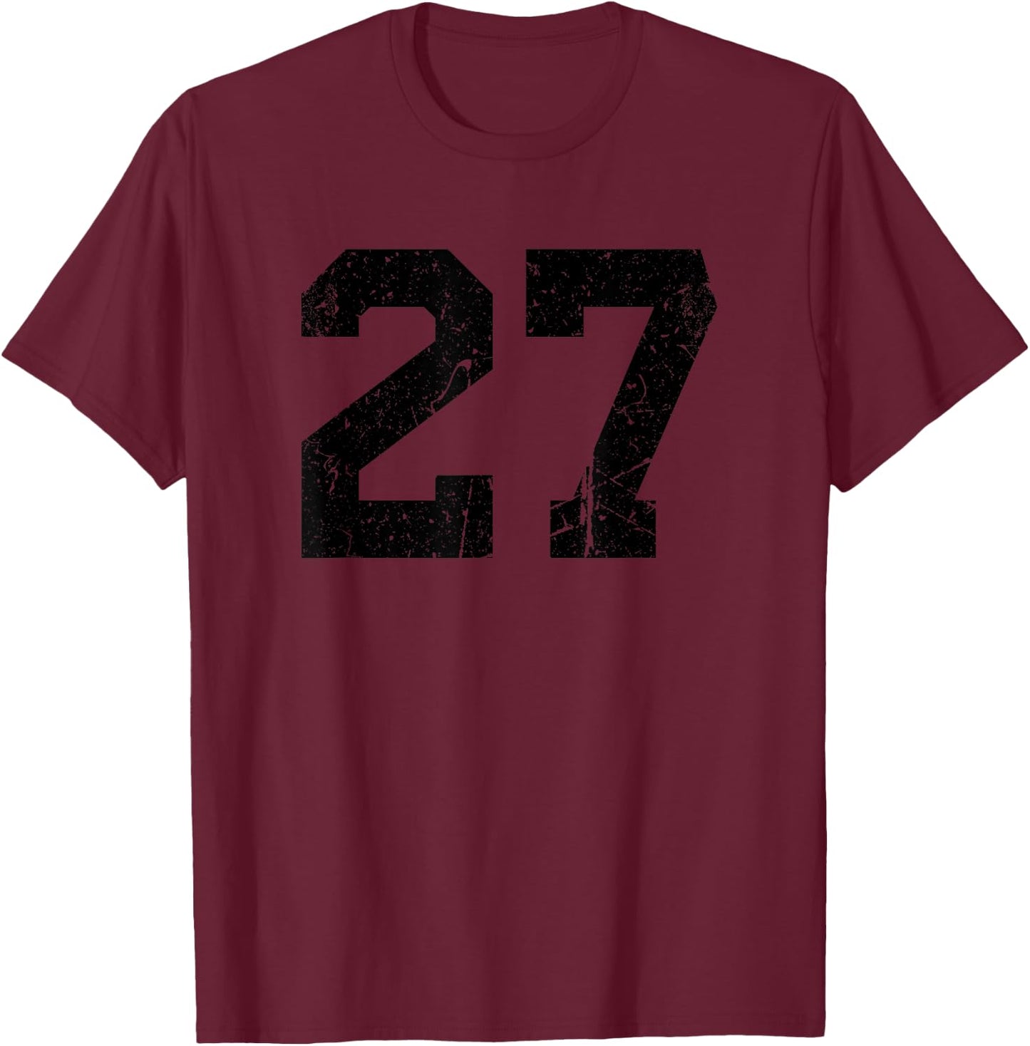 Number #27 Sport Black Distressed Varsity Number T-Shirt - T-Shirt | Maroon