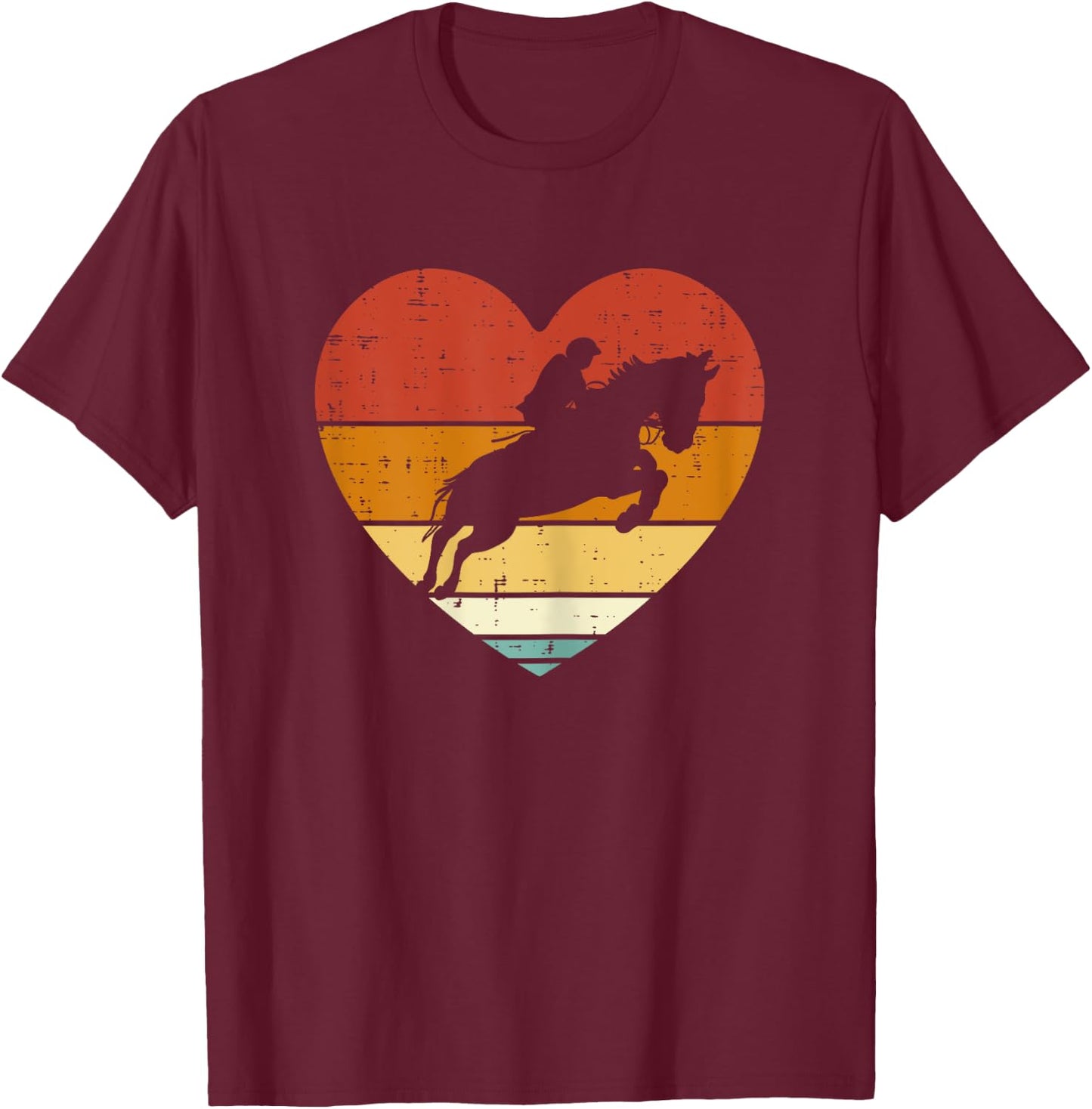 Equestrian Horse Jump Heart Sunset Retro Women Kids Girls T-Shirt - T-Shirt | Maroon