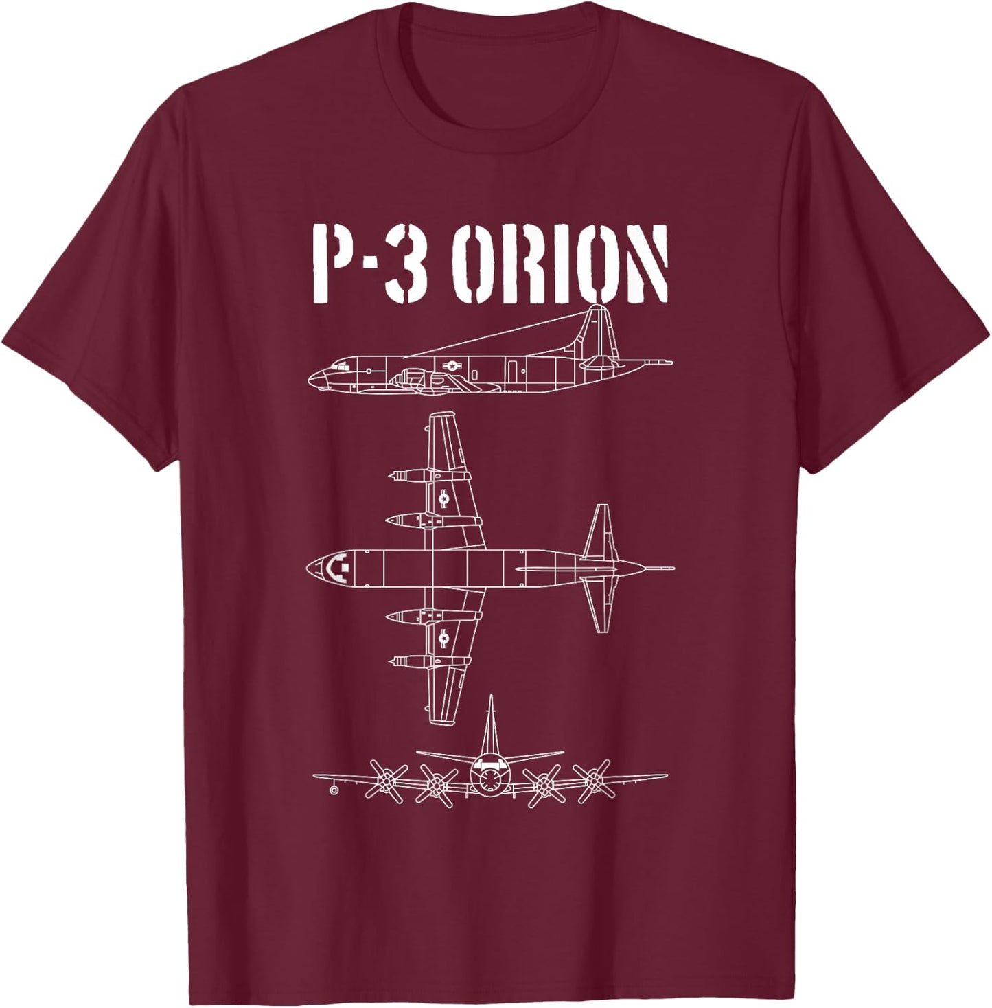 THE SALTY VETERAN P-3 Orion Military Airplane Schematic Orion Pilot -Adults Black Cotton T-Shirt - T-Shirt | Maroon