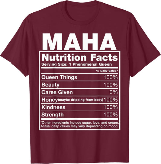 Maha Nutrition Facts Maha Name Birthday Shirt T-Shirt - T-Shirt | Maroon