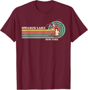 Vintage Retro Summer Fishing New York Owasco Lake T-Shirt - T-Shirt | Maroon
