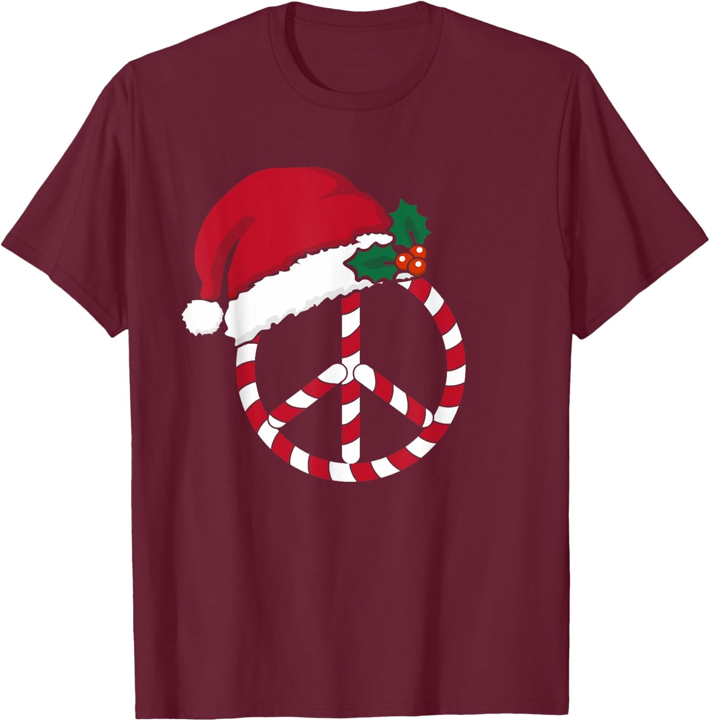Candy Cane Peace Sign Merry Christmas Symbol Santa Hat Cute T-Shirt - T-Shirt | Maroon