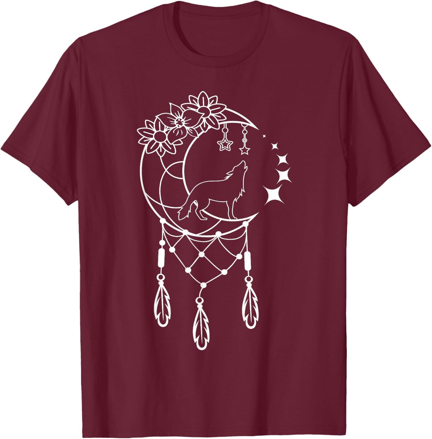 Boho Dream Catcher Wolf with Crescent Moon and Stars T-Shirt - T-Shirt | Maroon