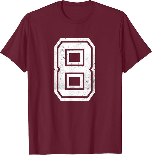 Distressed Number #8 Sport White Varsity Number T-Shirt - T-Shirt | Maroon