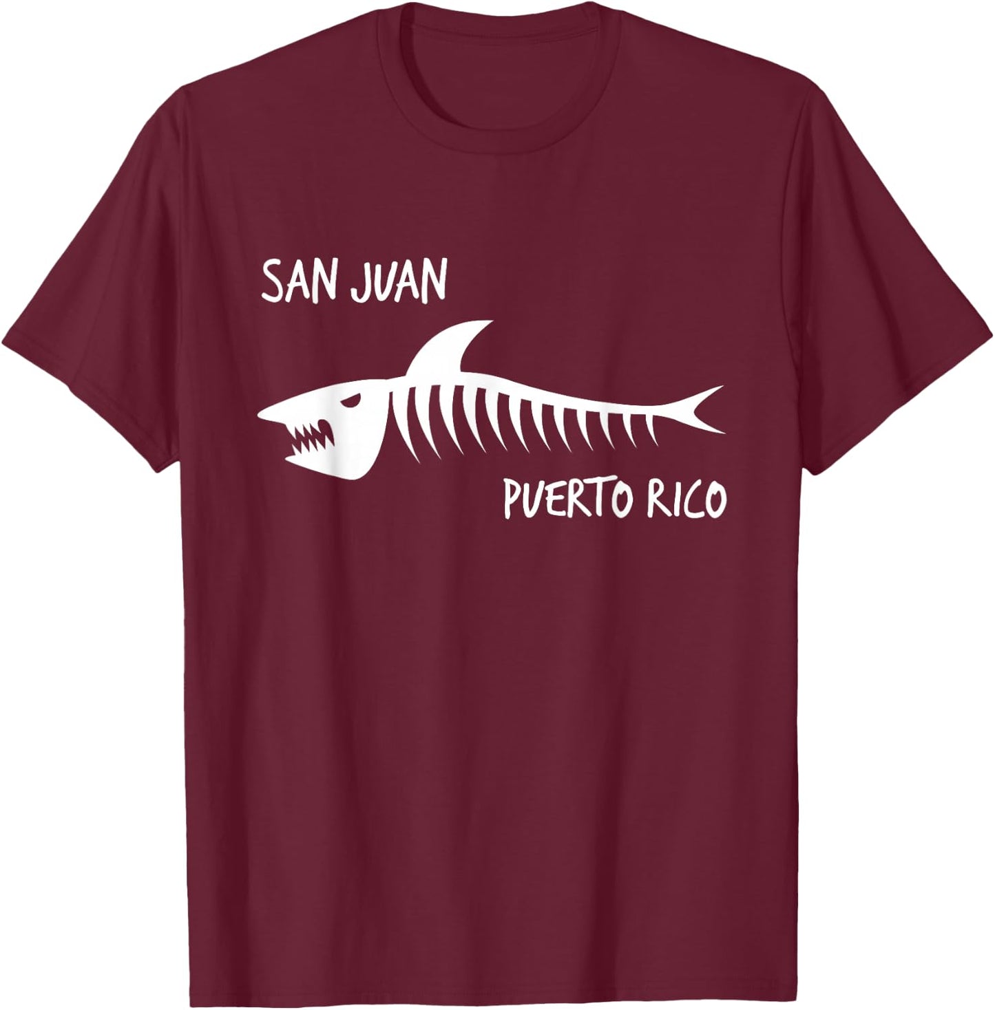 San Juan Puerto Rico Shark Skeleton White Print T-Shirt - T-Shirt | Maroon