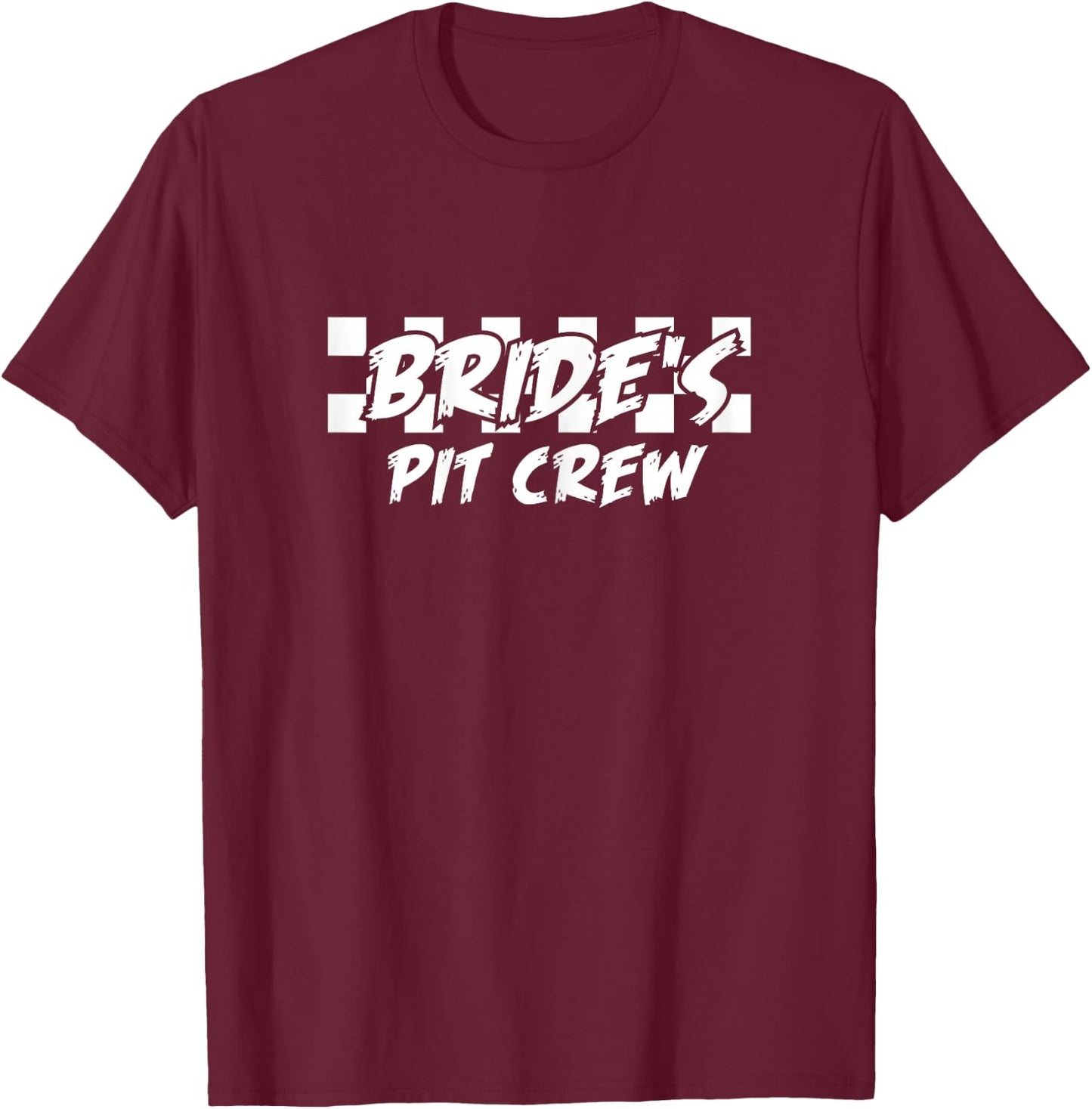 Brides Pit Crew Checkered Flag Wedding Party T-Shirt - T-Shirt | Maroon