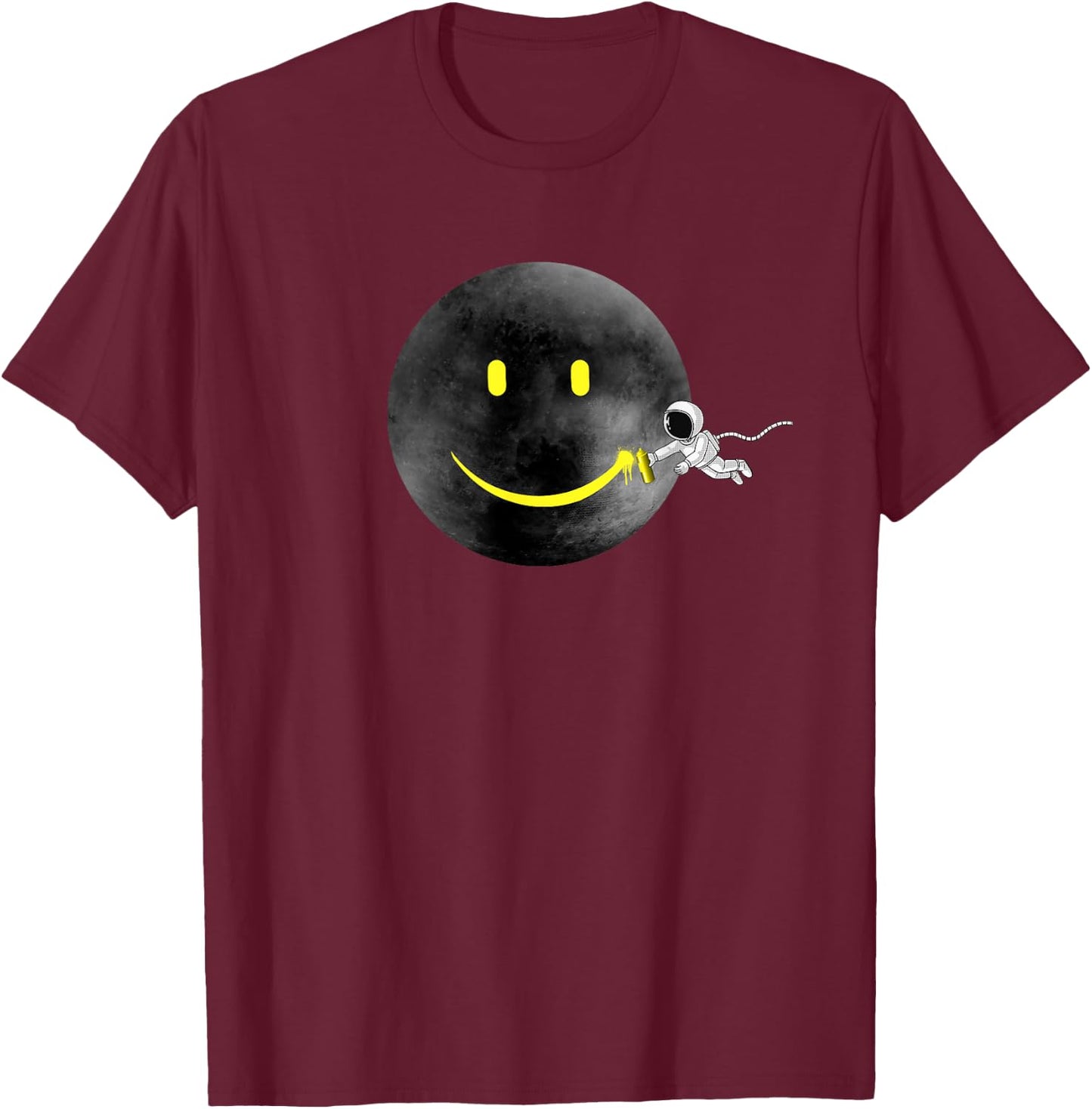 Happy Moon | Astronaut & Happy Face | Dark Black Gray Moon T-Shirt - T-Shirt | Maroon