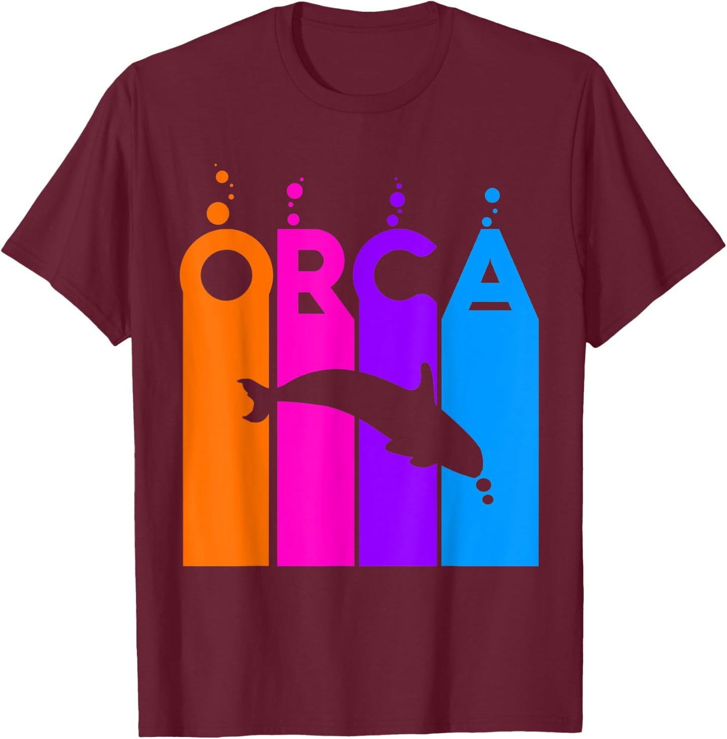 Orca Animal Rainbow Bubble with Silhouette T-Shirt - T-Shirt | Maroon