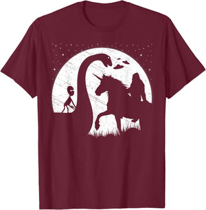 Funny Alien Riding Loch Ness Monster Nessie Bigfoot Unicorn T-Shirt - T-Shirt | Maroon