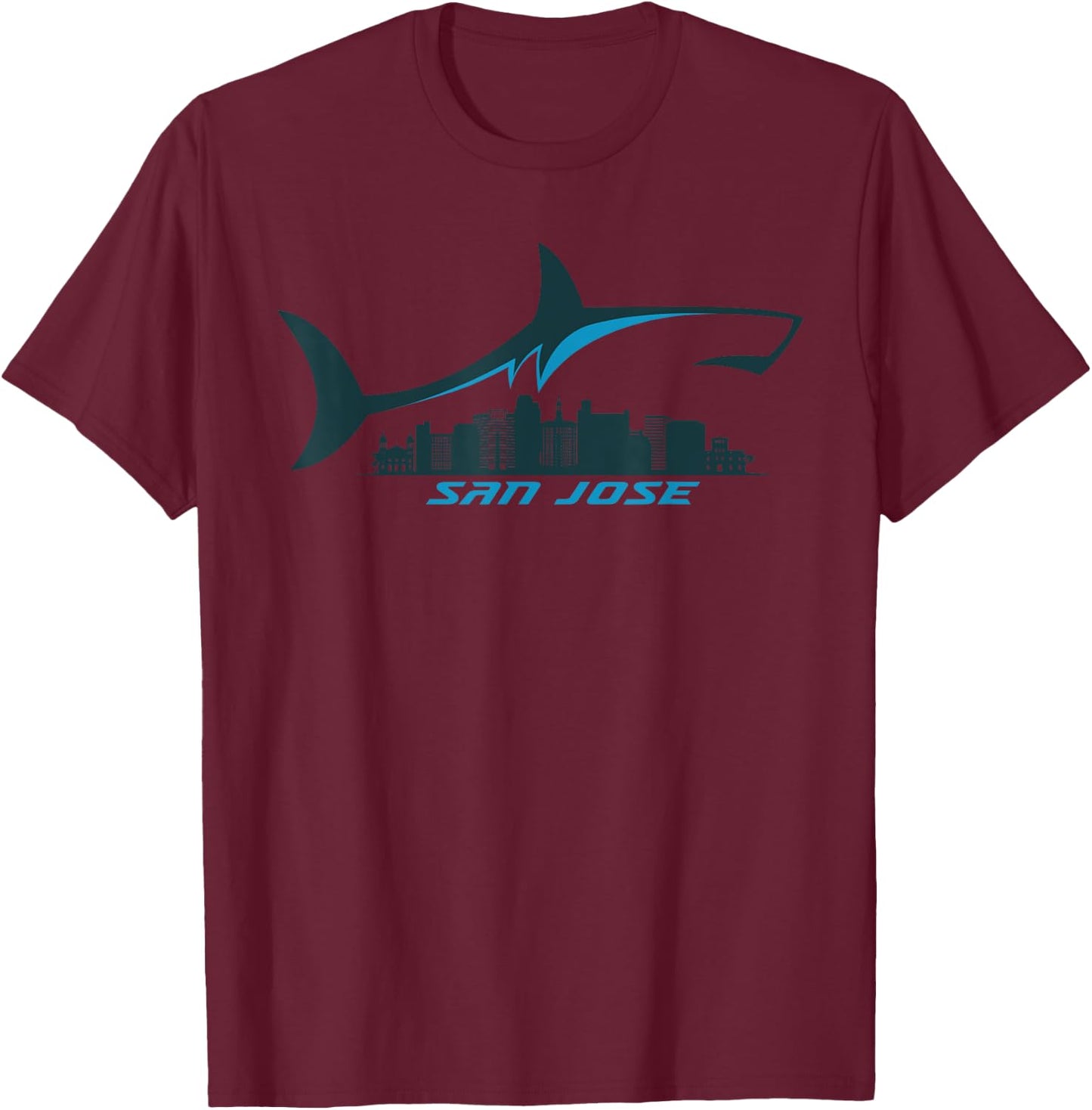 San Jose City Skyline With Shark Above Shark City SJ T-Shirt - T-Shirt | Maroon