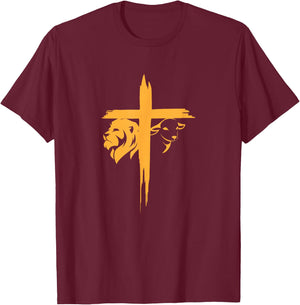 Lion and Lamb Cross Christian T-Shirt - T-Shirt | Maroon