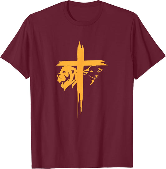 Lion and Lamb Cross Christian T-Shirt - T-Shirt | Maroon