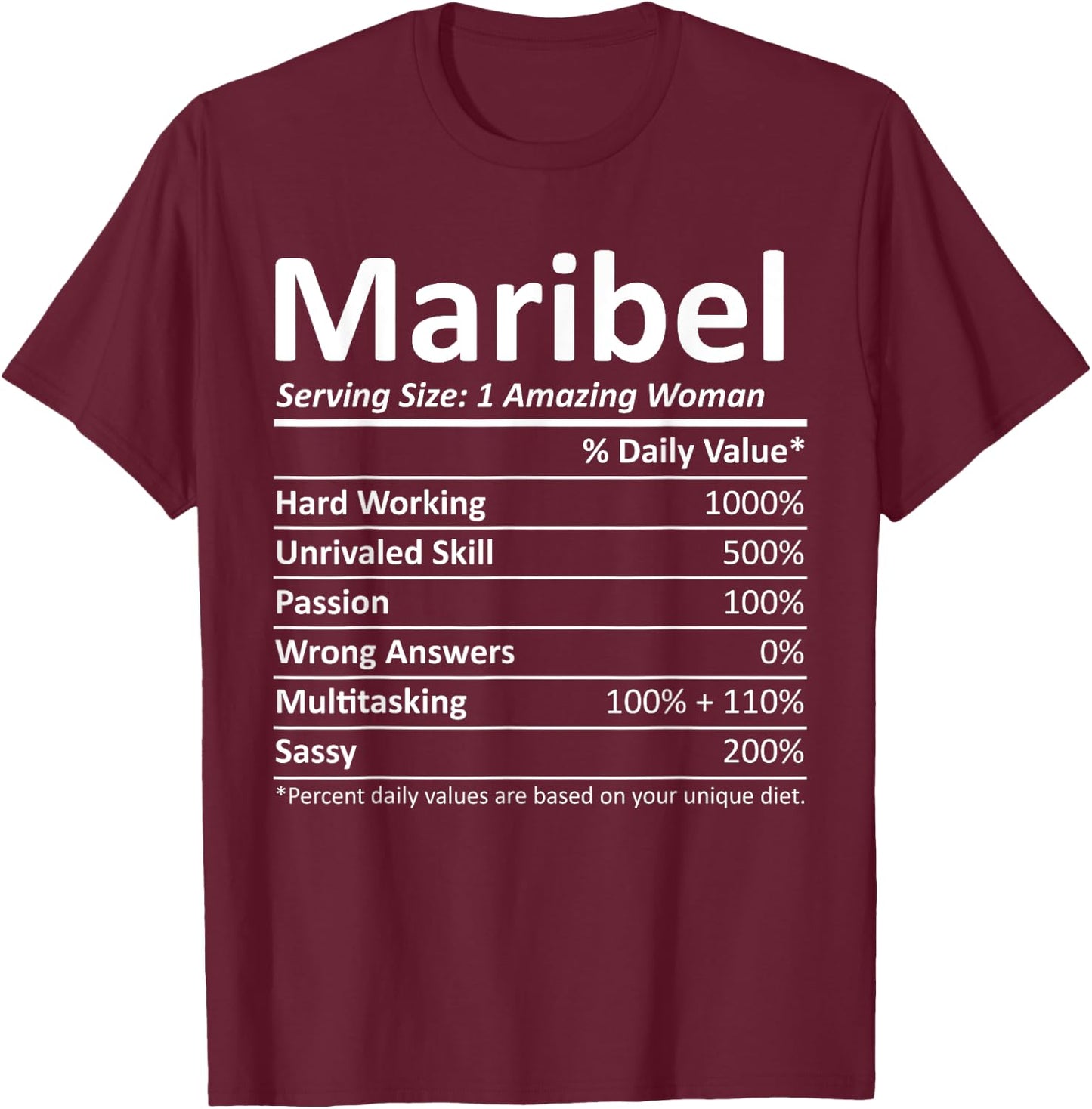 MARIBEL Nutrition Personalized Name Funny Christmas Gift T-Shirt - T-Shirt | Maroon