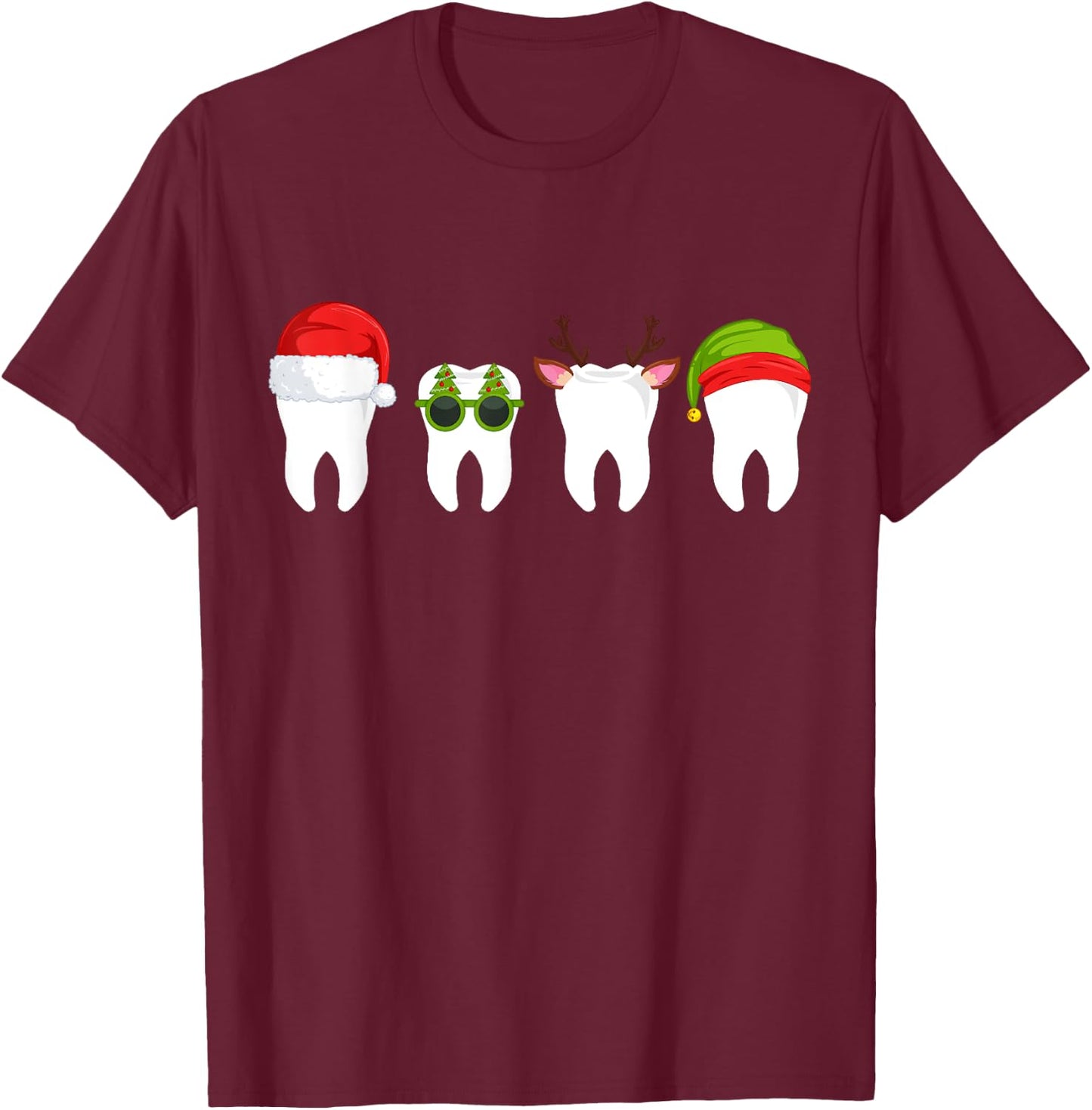 SOMMAS DENTIST Funny Dentist Christmas Tooth Dental Teeth with Xmas Hats Adult T-Shirt - T-Shirt | Maroon