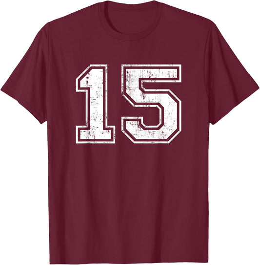 Number 15 Fifteen Distressed Vintage Sport Team Gym Training T-Shirt - T-Shirt | Maroon